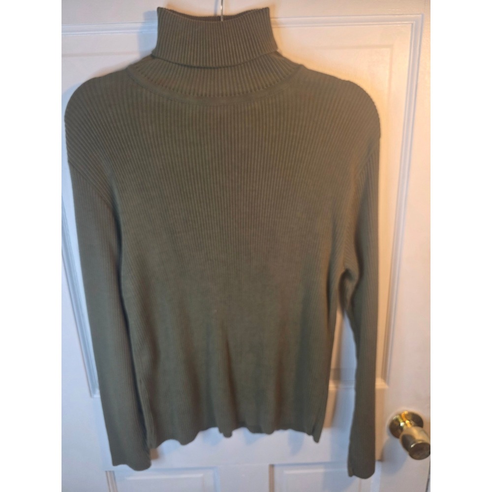 Coldwater Creek Womens Olive Green Ribbed Turtleneck Sweater 100% Cotton Medium